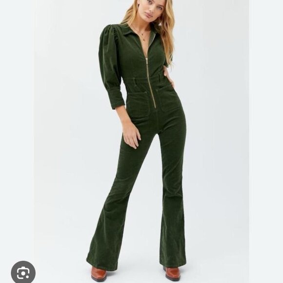 We Wore What Womens Jumpsuit Green 70s Corduroy Puff Sleeve Retro Size Small